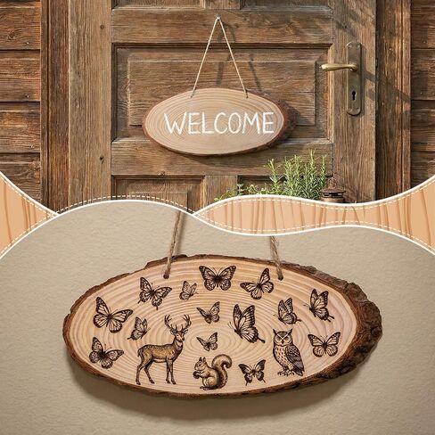6 Pack 11 Inch Oval Wood Slice Basswood Plaque Hanging Signs with Jute, Unfinished Craft Wooden Slices Hanging Signs with Bark and Small Eye Ring for Burning Painting Crafts DIY, Painting, Ornament in Kuwait