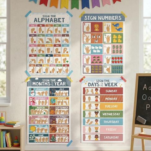 Agenda Atlas 8 ASL Posters America Sign Language Poster for Classroom, 11x17 ASL Alphabet, Common Words, ABC Wall Art, Back to School in Kuwait