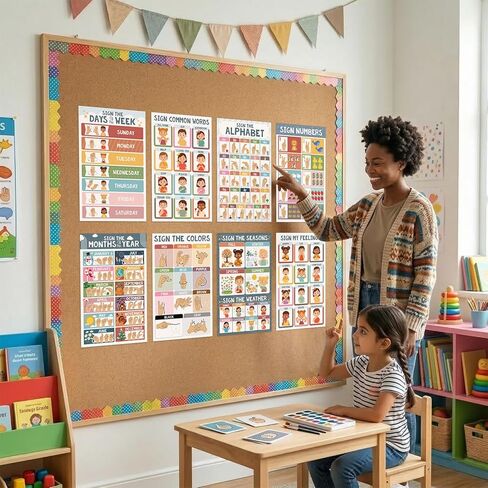 Agenda Atlas 8 ASL Posters America Sign Language Poster for Classroom, 11x17 ASL Alphabet, Common Words, ABC Wall Art, Back to School in Kuwait
