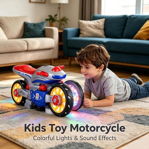 Light Up 360° Rotation Transforming Motorcycle Sensory Toy for Kids, 1PC, Bump and Go Toy Car with Cool Colorful Lights, Music and LED Effects, Motorcycle Sensory Toys for Toddlers, Birthday Gift in Kuwait