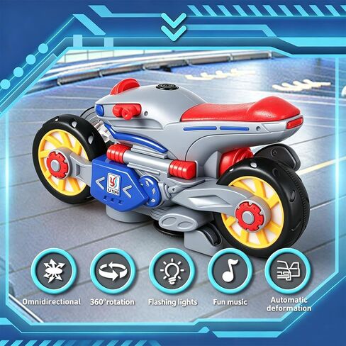 Light Up 360° Rotation Transforming Motorcycle Sensory Toy for Kids, 1PC, Bump and Go Toy Car with Cool Colorful Lights, Music and LED Effects, Motorcycle Sensory Toys for Toddlers, Birthday Gift in Kuwait