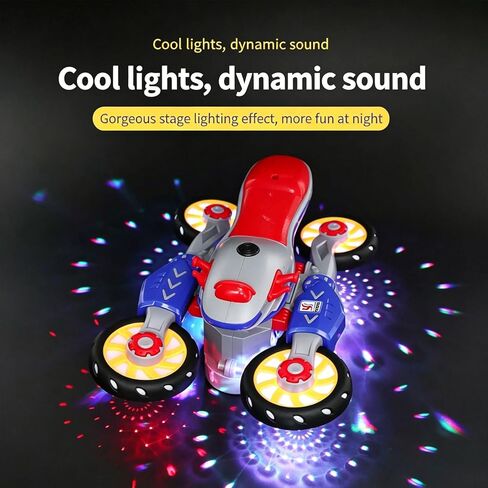 Light Up 360° Rotation Transforming Motorcycle Sensory Toy for Kids, 1PC, Bump and Go Toy Car with Cool Colorful Lights, Music and LED Effects, Motorcycle Sensory Toys for Toddlers, Birthday Gift in Kuwait