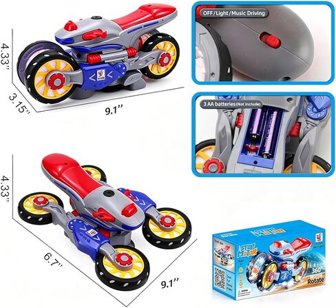 Light Up 360° Rotation Transforming Motorcycle Sensory Toy for Kids, 1PC, Bump and Go Toy Car with Cool Colorful Lights, Music and LED Effects, Motorcycle Sensory Toys for Toddlers, Birthday Gift in Kuwait