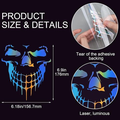 OIIKI 5Pcs 3D Laser Skull Car Stickers Decals, Reflective Multicolored Cartoon Waterproof Self-Adhesive Vinyl Auto Exterior Decoration Accessories for Vehicle Hood, Doors, Bumper, Windows 6.26"x6.97" in Kuwait