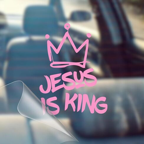 Jesus is King - Christian Jesus Cross Car Vinyl Decal Bumper Sticker for Car, Wall, Window, Vehicle, Weather Resistant, Viral (1, Pink) in Kuwait