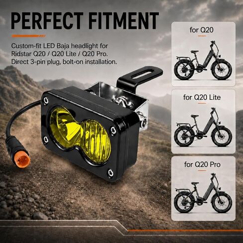Upgrade LED Baja Headlight for Ridstar Q20/Q20 Lite/Q20 Pro,20W 6000-6500K Waterproof 3-Pin Plug and Play w/Mount Bracket,Yellow High Beam Light in Saudi Arabia