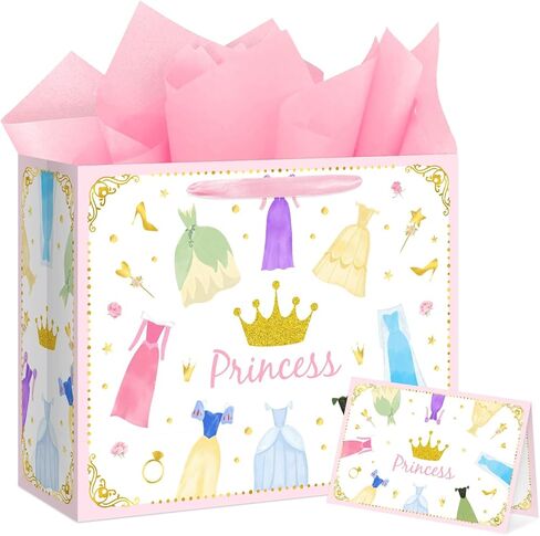 Reyoust 13" Large Princess Themed Gift Bags With Handles and Pink Wrapping Paper Greeting Card Crown Dress Design Gift Bag for Girls Birthday Party Baby shower Decor 1Pcs 13" L x 10.2" H x 4.9" W in Saudi Arabia