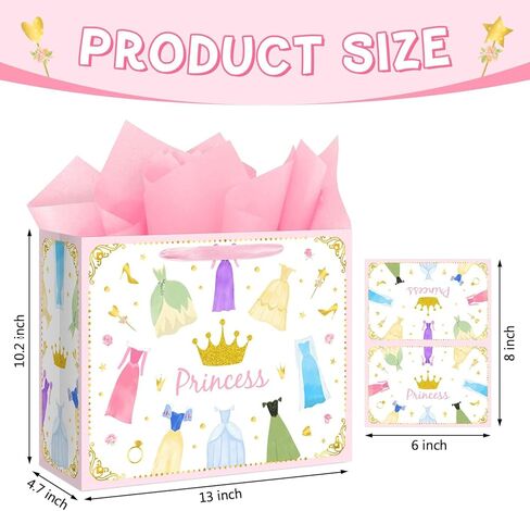 Reyoust 13" Large Princess Themed Gift Bags With Handles and Pink Wrapping Paper Greeting Card Crown Dress Design Gift Bag for Girls Birthday Party Baby shower Decor 1Pcs 13" L x 10.2" H x 4.9" W in Saudi Arabia