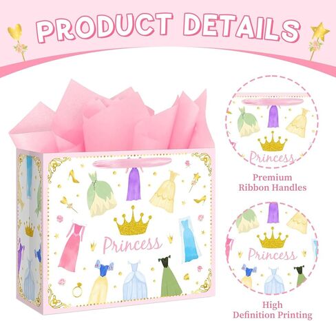 Reyoust 13" Large Princess Themed Gift Bags With Handles and Pink Wrapping Paper Greeting Card Crown Dress Design Gift Bag for Girls Birthday Party Baby shower Decor 1Pcs 13" L x 10.2" H x 4.9" W in Saudi Arabia