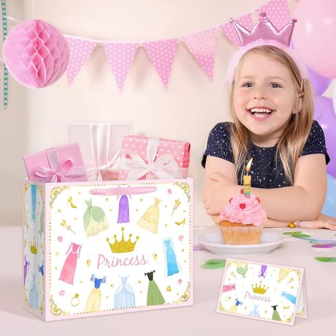 Reyoust 13" Large Princess Themed Gift Bags With Handles and Pink Wrapping Paper Greeting Card Crown Dress Design Gift Bag for Girls Birthday Party Baby shower Decor 1Pcs 13" L x 10.2" H x 4.9" W in Saudi Arabia