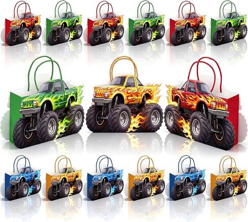 Tosstuki 24 Pcs Monster Truck Party Favor Bags 3D Paper Goodie Treat Bags with Handles 4 Vibrant Designs Kraft Paper Candy Decorations for Monster Truck Themed Party Decorations & Supplies in Saudi Arabia