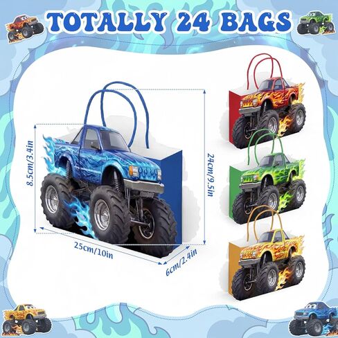 Tosstuki 24 Pcs Monster Truck Party Favor Bags 3D Paper Goodie Treat Bags with Handles 4 Vibrant Designs Kraft Paper Candy Decorations for Monster Truck Themed Party Decorations & Supplies in Saudi Arabia