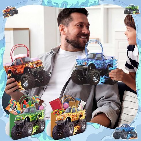 Tosstuki 24 Pcs Monster Truck Party Favor Bags 3D Paper Goodie Treat Bags with Handles 4 Vibrant Designs Kraft Paper Candy Decorations for Monster Truck Themed Party Decorations & Supplies in Saudi Arabia