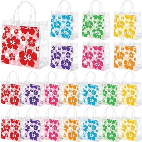 Renbuzhu 25PCS Hawaiian Clear Gift Bags with Handles Bulk 8 x 8 x 3Inches: Aloha Luau Hibiscus PVC Transparent Tote Summer Tropical Party Supplies in Saudi Arabia