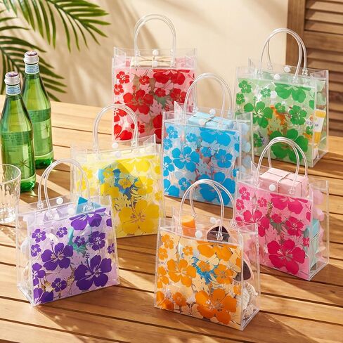 Renbuzhu 25PCS Hawaiian Clear Gift Bags with Handles Bulk 8 x 8 x 3Inches: Aloha Luau Hibiscus PVC Transparent Tote Summer Tropical Party Supplies in Saudi Arabia