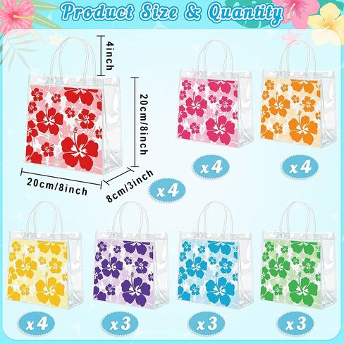 Renbuzhu 25PCS Hawaiian Clear Gift Bags with Handles Bulk 8 x 8 x 3Inches: Aloha Luau Hibiscus PVC Transparent Tote Summer Tropical Party Supplies in Saudi Arabia