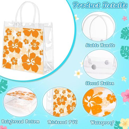 Renbuzhu 25PCS Hawaiian Clear Gift Bags with Handles Bulk 8 x 8 x 3Inches: Aloha Luau Hibiscus PVC Transparent Tote Summer Tropical Party Supplies in Saudi Arabia