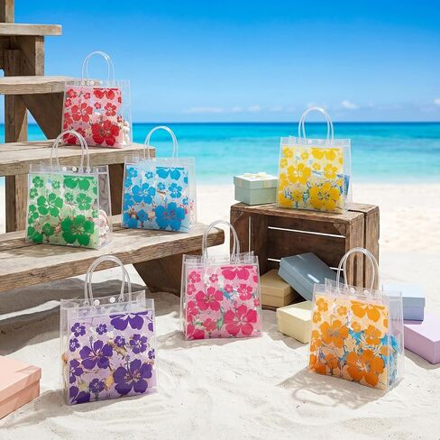Renbuzhu 25PCS Hawaiian Clear Gift Bags with Handles Bulk 8 x 8 x 3Inches: Aloha Luau Hibiscus PVC Transparent Tote Summer Tropical Party Supplies in Saudi Arabia