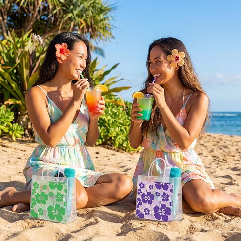 Renbuzhu 25PCS Hawaiian Clear Gift Bags with Handles Bulk 8 x 8 x 3Inches: Aloha Luau Hibiscus PVC Transparent Tote Summer Tropical Party Supplies in Saudi Arabia