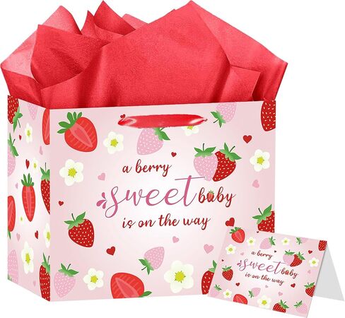 HZRNNA Large Strawberry Birthday Gift Bag, Pink Strawberry Baby Shower Bag with Card and Tissue Paper, Berry Sweet Birthday Party Decorations for Newborns, Baby Girls, Baby Shower Supplies in Saudi Arabia