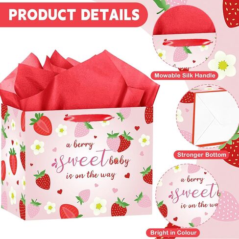 HZRNNA Large Strawberry Birthday Gift Bag, Pink Strawberry Baby Shower Bag with Card and Tissue Paper, Berry Sweet Birthday Party Decorations for Newborns, Baby Girls, Baby Shower Supplies in Saudi Arabia