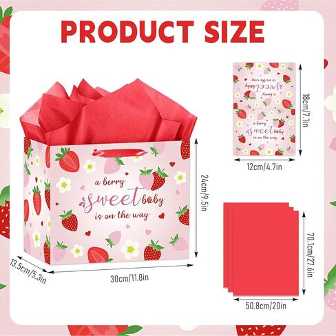 HZRNNA Large Strawberry Birthday Gift Bag, Pink Strawberry Baby Shower Bag with Card and Tissue Paper, Berry Sweet Birthday Party Decorations for Newborns, Baby Girls, Baby Shower Supplies in Saudi Arabia