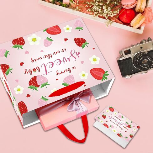 HZRNNA Large Strawberry Birthday Gift Bag, Pink Strawberry Baby Shower Bag with Card and Tissue Paper, Berry Sweet Birthday Party Decorations for Newborns, Baby Girls, Baby Shower Supplies in Saudi Arabia