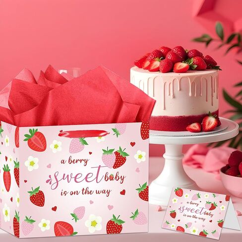 HZRNNA Large Strawberry Birthday Gift Bag, Pink Strawberry Baby Shower Bag with Card and Tissue Paper, Berry Sweet Birthday Party Decorations for Newborns, Baby Girls, Baby Shower Supplies in Saudi Arabia