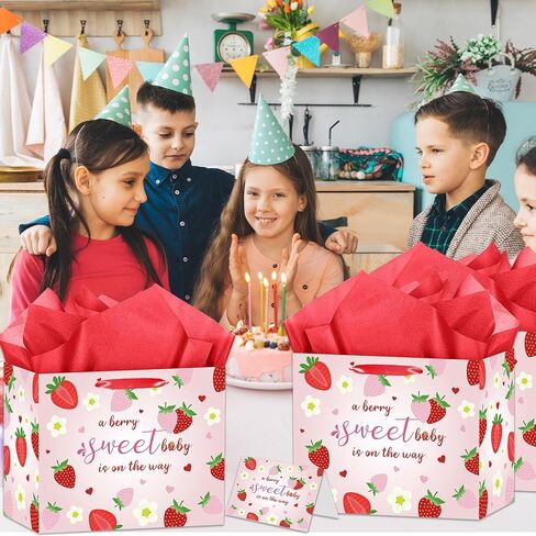 HZRNNA Large Strawberry Birthday Gift Bag, Pink Strawberry Baby Shower Bag with Card and Tissue Paper, Berry Sweet Birthday Party Decorations for Newborns, Baby Girls, Baby Shower Supplies in Saudi Arabia