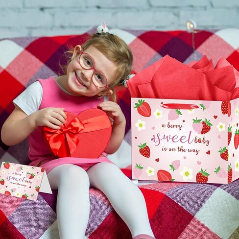 HZRNNA Large Strawberry Birthday Gift Bag, Pink Strawberry Baby Shower Bag with Card and Tissue Paper, Berry Sweet Birthday Party Decorations for Newborns, Baby Girls, Baby Shower Supplies in Saudi Arabia