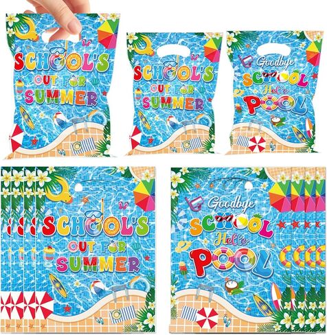 EUOYUFO 50pcs Schools Out for Summer Gift Bags with Handle Plastic Goodbye School Hello Pool Goodie Bags 9.84''x7'' End of School Year Theme Party Favor Treat Wrap Supplie in Saudi Arabia