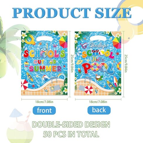 EUOYUFO 50pcs Schools Out for Summer Gift Bags with Handle Plastic Goodbye School Hello Pool Goodie Bags 9.84''x7'' End of School Year Theme Party Favor Treat Wrap Supplie in Saudi Arabia
