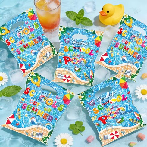 EUOYUFO 50pcs Schools Out for Summer Gift Bags with Handle Plastic Goodbye School Hello Pool Goodie Bags 9.84''x7'' End of School Year Theme Party Favor Treat Wrap Supplie in Saudi Arabia