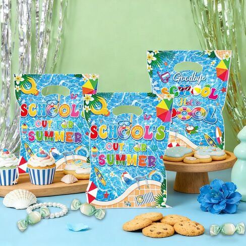 EUOYUFO 50pcs Schools Out for Summer Gift Bags with Handle Plastic Goodbye School Hello Pool Goodie Bags 9.84''x7'' End of School Year Theme Party Favor Treat Wrap Supplie in Saudi Arabia