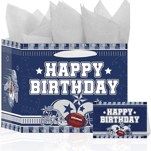 Hokinaa Football Cowboy Gift Bag - Birthday Large Blue Cowboy Party Decorations with 3 Pcs Tissue Paper and Greeting Card Happy Sport Team Game Day Favors Decor Supplies for Kids Boys Men Fans in Saudi Arabia
