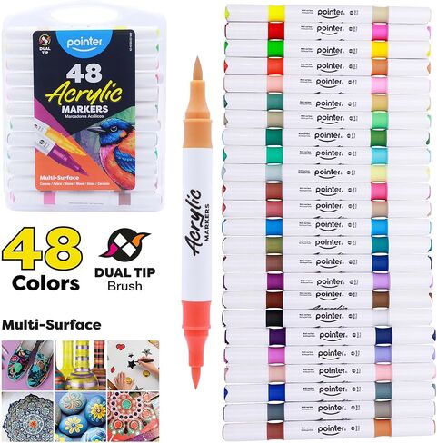 Pointer Acrylic Paint Markers – 24 Dual Tip Markers (48 Colors), Brush & Fine Tip, Multi-Surface Paint Pens for Rock Painting, Canvas, Wood, Glass, Ceramic & Fabric in Saudi Arabia