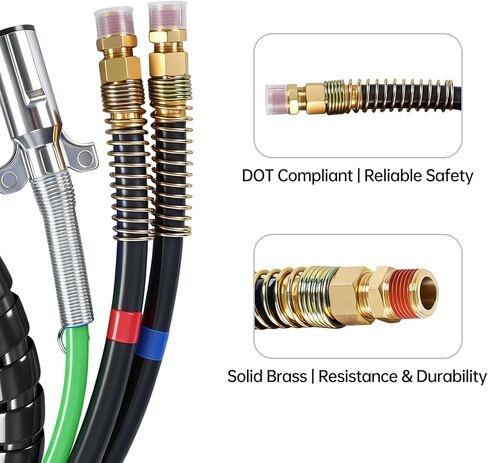12FT 3-in-1 Semi Truck Air Line, 7-Way Electrical Power Cord Cable Assembly with 1 Stainless Steel Clamp & 1 Roll of Teflon Tape for a leak-proof seal (12FT) in Kuwait