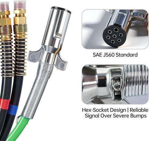 12FT 3-in-1 Semi Truck Air Line, 7-Way Electrical Power Cord Cable Assembly with 1 Stainless Steel Clamp & 1 Roll of Teflon Tape for a leak-proof seal (12FT) in Kuwait