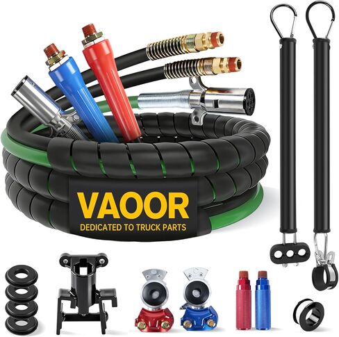 12FT 3-in-1 Semi Truck Air Line, 7-Way Electrical Power Cord Cable Assembly with 1 Stainless Steel Clamp & 1 Roll of Teflon Tape for a leak-proof seal (12FT) in Kuwait