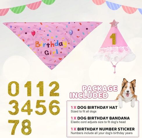 Dog Birthday Party Supplies, Pink Birthday Girl Bandana, Birthday Hat with Star and Numbers, Dog Birthday Decorations for Large Medium Small Dogs Pets in Saudi Arabia