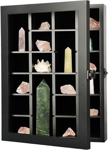 KCRasan Adjustable Rock Display Case - Wooden Crystal Organizer for Stones Storage - Rock Collection Box with Shelves for Agate Opal Crystal Stone Arrowheads Spear Points Rocks Small Black in Saudi Arabia