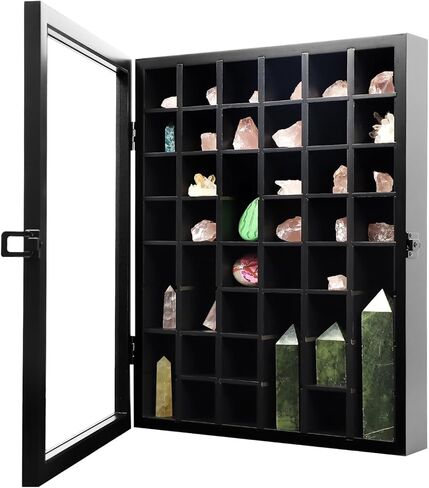 KCRasan Adjustable Rock Display Case - Wooden Crystal Organizer for Stones Storage - Rock Collection Box with Shelves for Agate Opal Crystal Stone Arrowheads Spear Points Rocks Small Black in Saudi Arabia