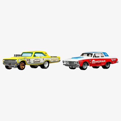 1963 بليموث بلفيدير 426 إسفين أبيض وأحمر مع قمة زرقاء و1965 كورونيت إيستباوند وتوج أصفر وأبيض مجموعة ثقافة السيارة من سيارتين دييكاست موديل كارز HKF56 in Kuwait