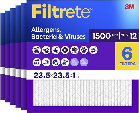 Filtrete 23.5x23.5x1 AC Furnace Air Filter, MERV 12, MPR 1500, CERTIFIED Asthma & Allergy Friendly, 3-Month Pleated 1-Inch Electrostatic Air Cleaning Filter, 6-Pack (Actual Size 23.22x23.22x0.78 in) in Saudi Arabia