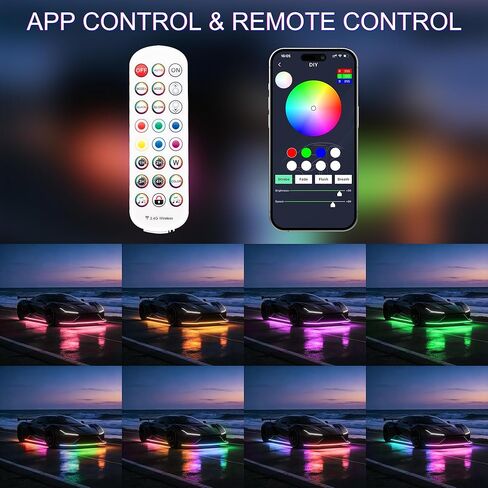 شريط إضاءة Underglow RGB - مجموعة مصابيح نيون للسيارة مكونة من 4 قطع مع 252 مصباح LED، وأضواء شريطية لمطاردة لون الأحلام، ومزامنة الموسيقى، وشرائط إضاءة أسفل الجسم من مادة PVC مقاومة للماء مع تطبيق، وجهاز تحكم عن بعد للسيارات والشاحنات وسيارات الدفع الربا in Kuwait