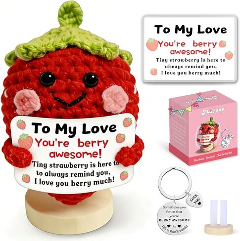 Happy Birthday Crochet Strawberry Gifts: 'Happy Birthday, You're BERRY Awesome' Strawberry with Emotional Positive Support Card & Base, Party Decorations for Women Daughter Friends Sister Classmates in Saudi Arabia