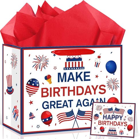 Make Birthdays Great Again Funny Gift Bag, Large Patriotic Party Favor Bag with Greeting Card, Blue and Red Republican Birthday Decorations for Dad, Grandpa, Husband, Conservative Men Gag Gift in Saudi Arabia