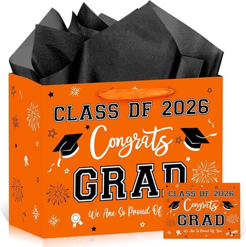 aqwithaj Large Orange and Black Graduation Gift Bag with Tissue Paper and Greeting Card Class of 2026 Congrats Grad Gift Wrapping Paper Bag for College High School Graduates in Saudi Arabia