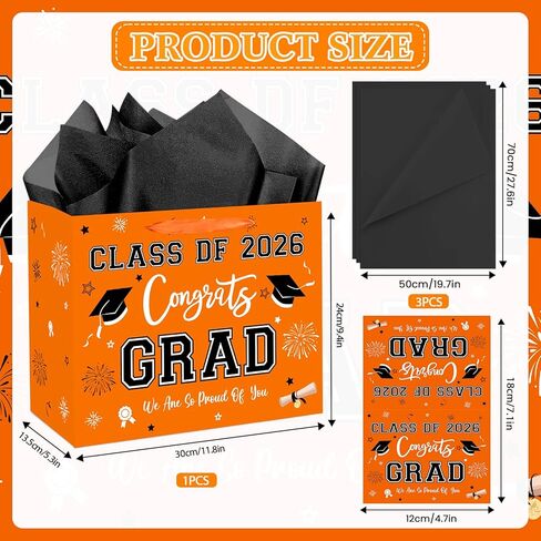 aqwithaj Large Orange and Black Graduation Gift Bag with Tissue Paper and Greeting Card Class of 2026 Congrats Grad Gift Wrapping Paper Bag for College High School Graduates in Saudi Arabia