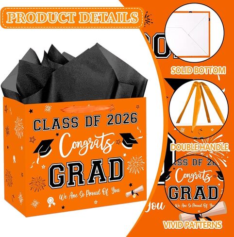 aqwithaj Large Orange and Black Graduation Gift Bag with Tissue Paper and Greeting Card Class of 2026 Congrats Grad Gift Wrapping Paper Bag for College High School Graduates in Saudi Arabia